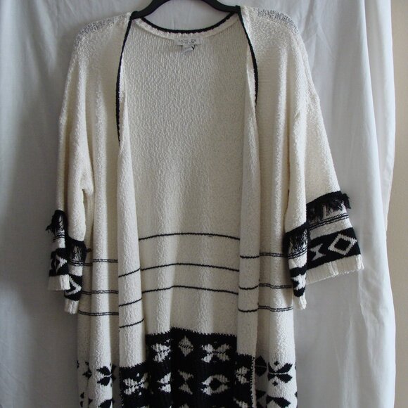 RACHEL ZOE White & Black Short Sleeve Open Front BOHO CARDIGAN Sweater Sz 2X - Picture 2 of 8